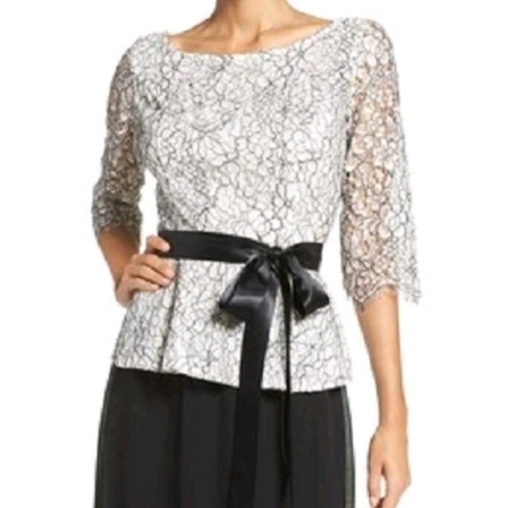 Eliza J Peplum Lace Black White 3/4 Sleeve Blouse Party Holiday Cocktail Size 16